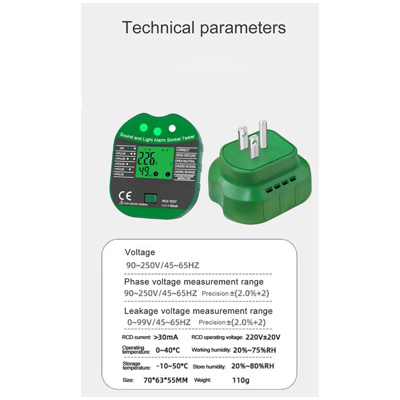 

A96I-Digital Display Buzzing Socket Tester Voltage RCD Test Smart Detector Zero Line Polarity Phase Check