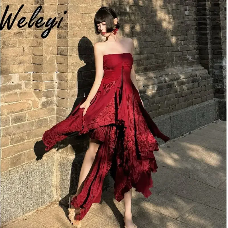 

Wine Red Pleated Multi-layer Irregular Tube Top Dress 2025 Summer New Sexy Off-the-shoulder Sleeveless Bodycon Strapless Dresses