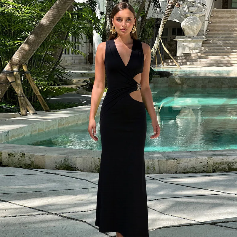 Elegante chique corte maxi vestido para mulheres com decote em v sem mangas bodycon vestido de festa verão sexy sem costas feriados clube vestido 2025