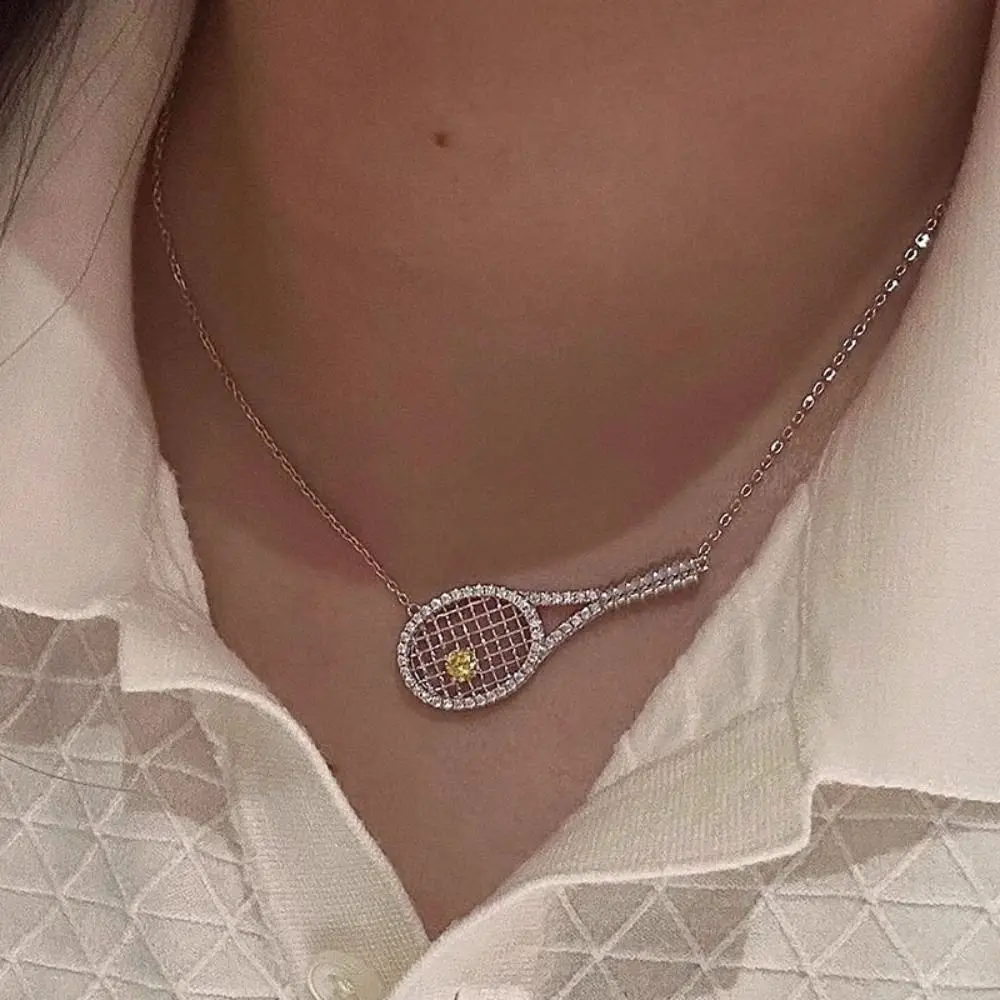 Fashion Exquisite Tennis Racket With Diamonds Zirconia Metal Pendant Silver Color Sweater Chain Jewelry Gifts