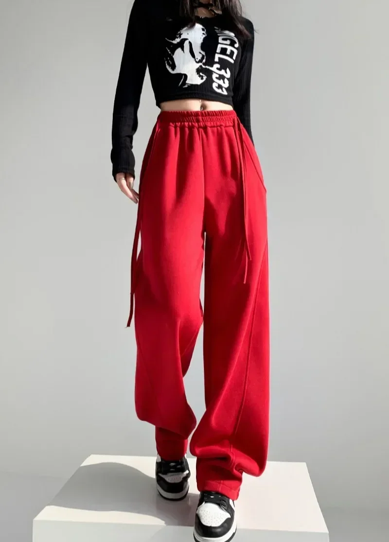 

Women Autumn Winter Solid Colors Fleece Wide Leg Pants New High Waist Casual Pants Loose Straight-legged Trouser Sport Trouser