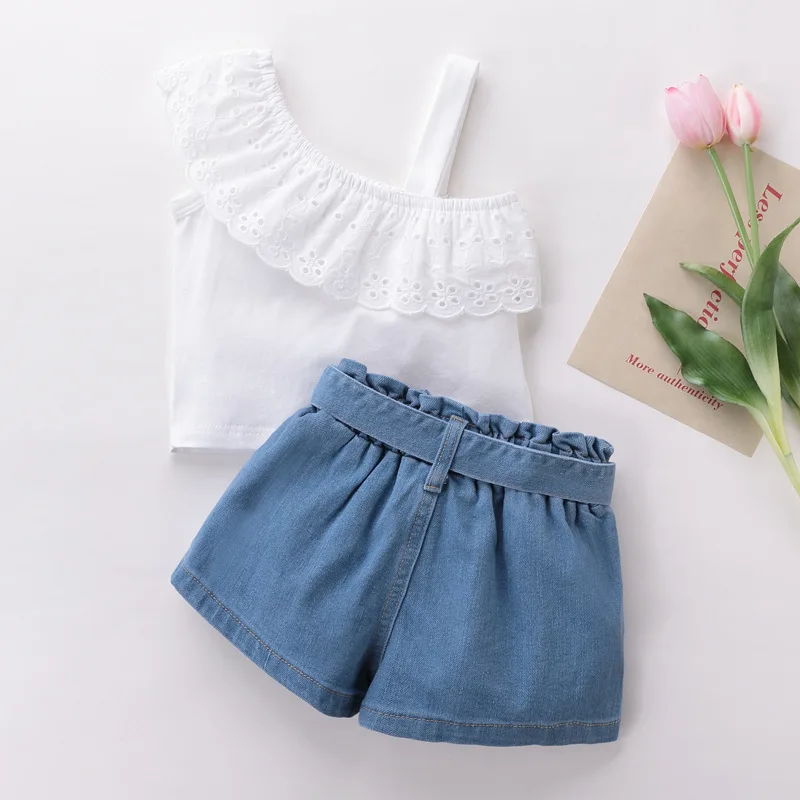 Girls Suit Summer 2024 New Children Clothing Baby Girl Clothes Children\'s Lace Ruffle Tank Tops+Denim Shorts Sets