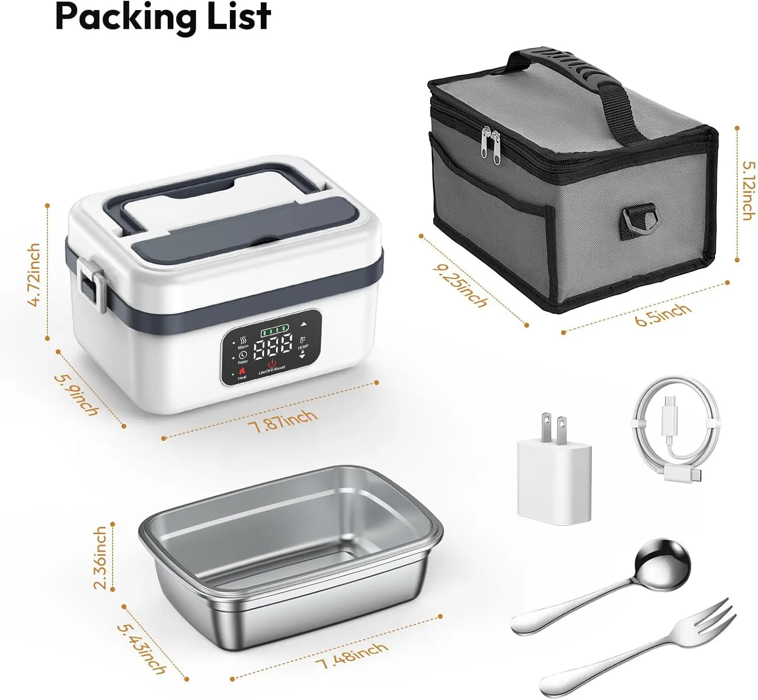 Kabellose elektrische Heiz-Lunchbox, wiederaufladbarer selbstheizender Essenswärmer mit 4×4000mAh Akku, tragbar für Arbeit, Reisen, Auto und Büro. – Detail 3