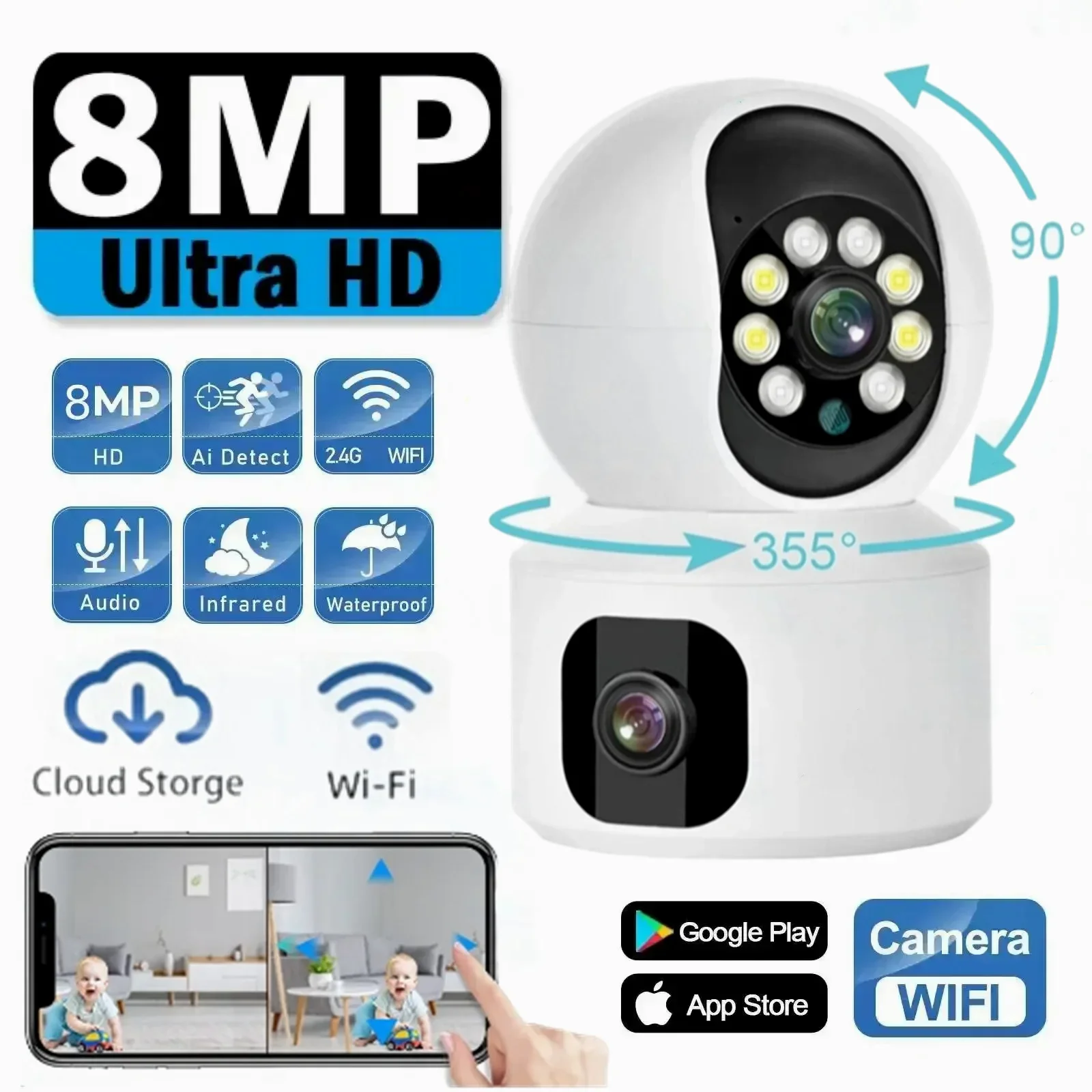 

8MP Dual Lens WiFi Camera Smart Home Dual Screen AI Human Tracking Cameras Baby Monitor HD PTZ Color Night Vision Surveillance