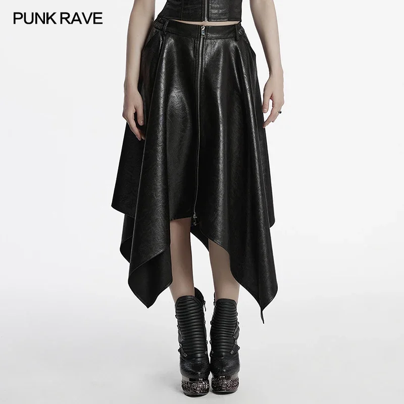 

PUNK RAVE Women's Punk Luster Faux Leather Simple Fit Design Skirt Irregular Pointed Cool Fashion Big Hem Mid-Skirts