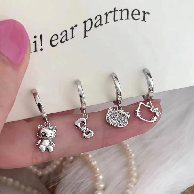 2Pcs Kawaii Hello Kitty Earrings Student Spice Girl Diamonds Sweet Lovely Girl Ear Clip Gift