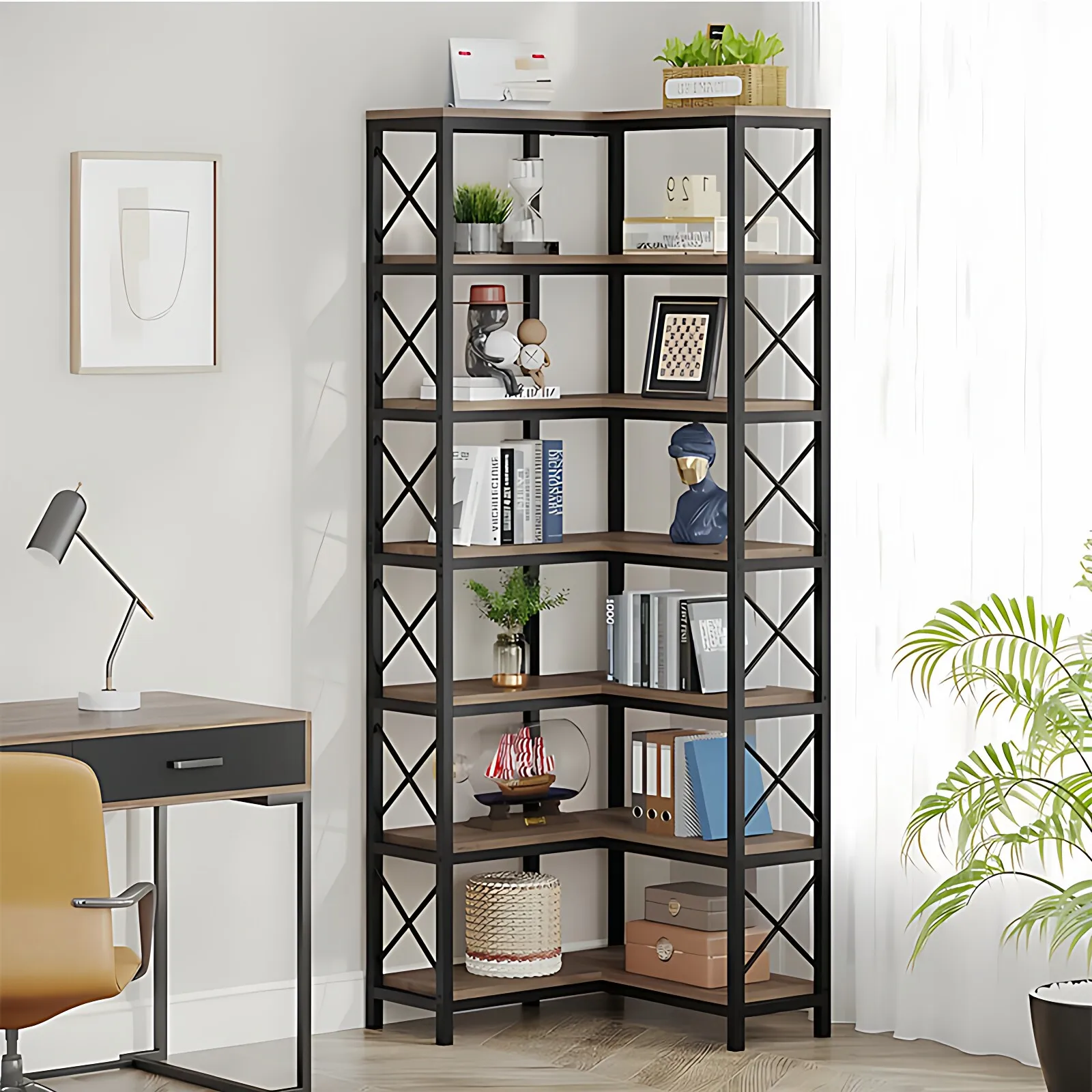 Solid Wood Carbon Steel Corner Storage Cabinet Bookcase Wall-mounted Multi-layer Storage Rack Floor Home Office Bedroom
