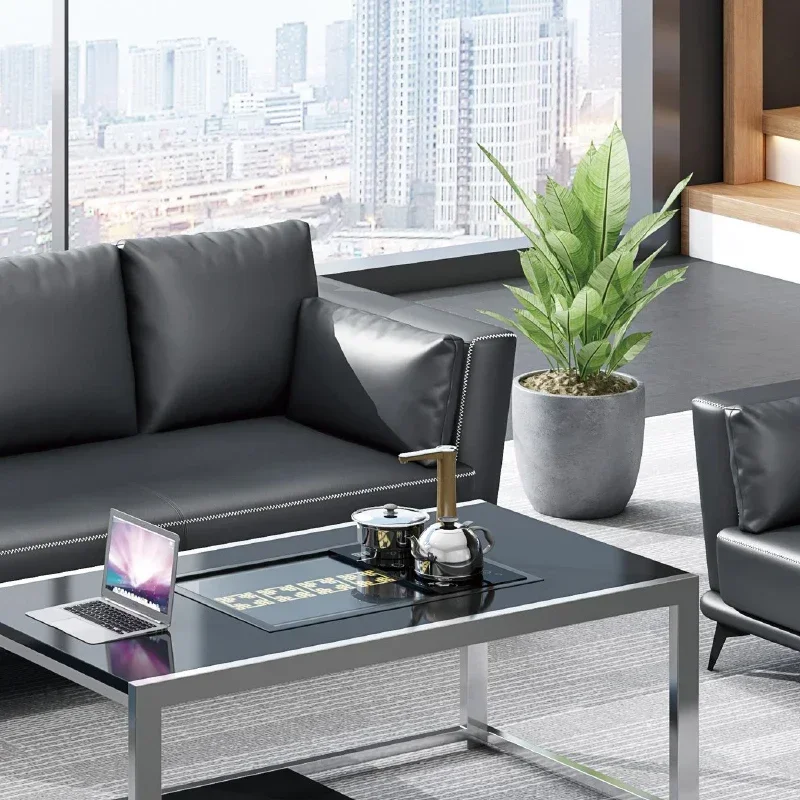 

l black leather Multiplayer group office sofa school front desk reception light luxury modern office furniture