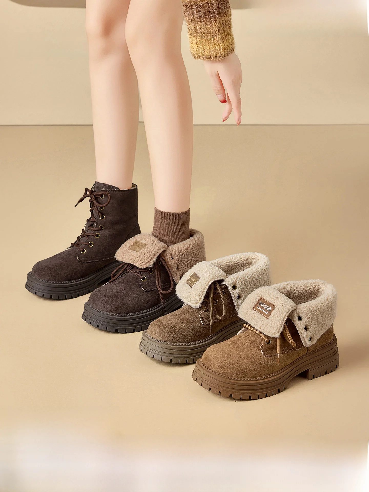 

DUSTO Thi Boted Faux Fur Lined Retro Two-Way Wear Boots Women's ort Boots Briti Sle round Toe mid Heel