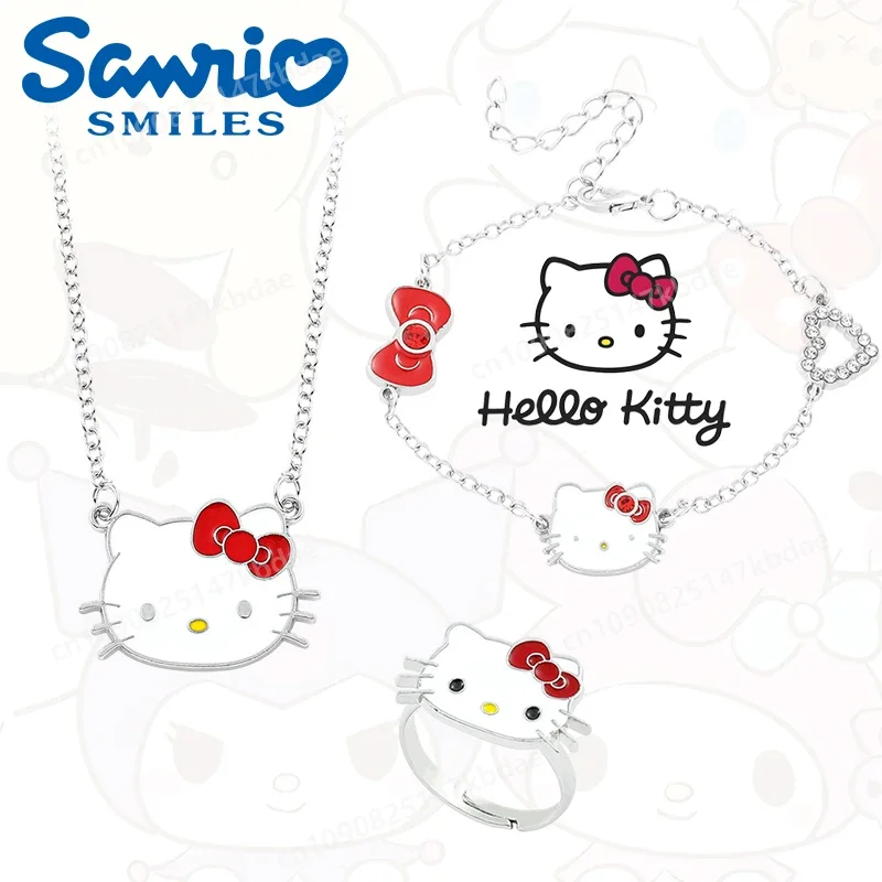 

3 Pcs/set Sanrio KT Cat Bracelet Necklace Rings Set Cartoon Figure Kawaii Bow Y2K Fashion Jewelry for Girls Sweet Birthday Gifts