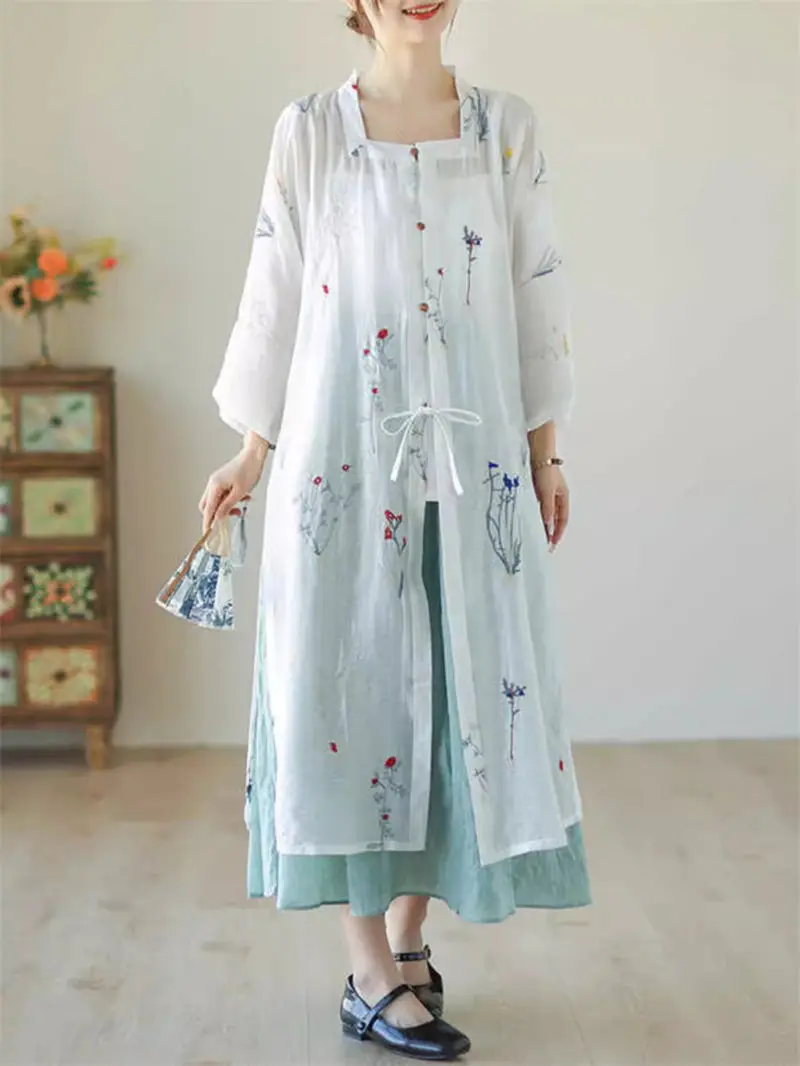 

New Chinese Style Square Collar Improved Hanfu Cardigan Women's Long Cropped Sleeved Printed Top Shawl Shirt K1546