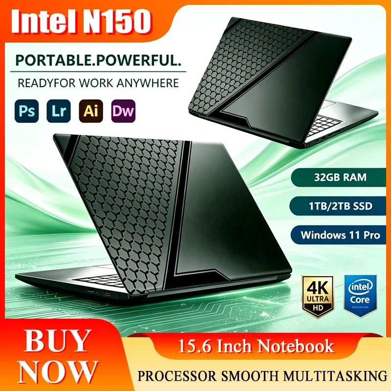 New 15.6'' Laptop Intel Core N150 32GB 2TB Gaming PC Ultra Slim Office Study Computer PC Windows 11 Pro 1920*1080 HD