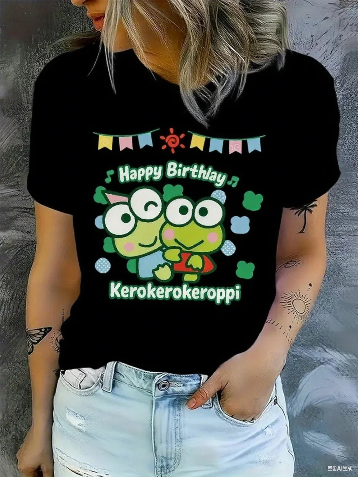 تي شيرت قطني مع جرافيك سانريو كيروبي للاحتفال بعيد الميلاد كيروبي الضفادع والأعلام نمط تصميم ممتع احتفالي من القطن الخالص #1