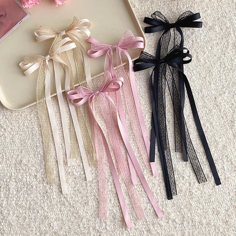 2pcs Sweet Bowtie Hair Clips Women Girls Korean Lace Fabric Hairpins Barrettes Trend Long Ribbon Headband Pins Cute Headwears