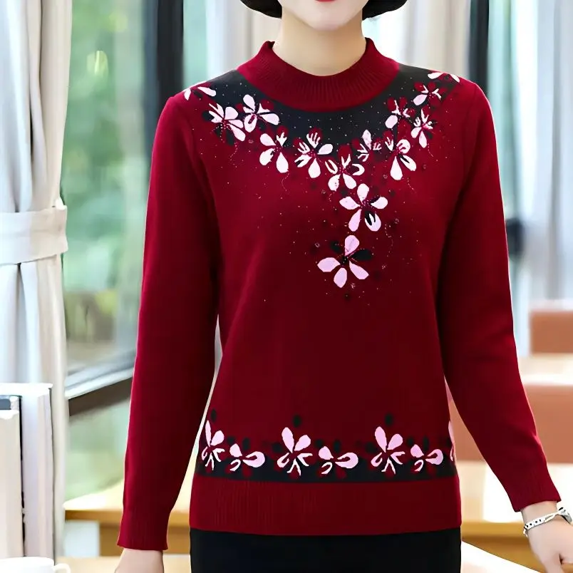 

Autumn Winter Middle Age Sweater New Knitted Warm Pullover Sweater Womens Fashion Embroidery Sweater Jumper Femme Tops M138