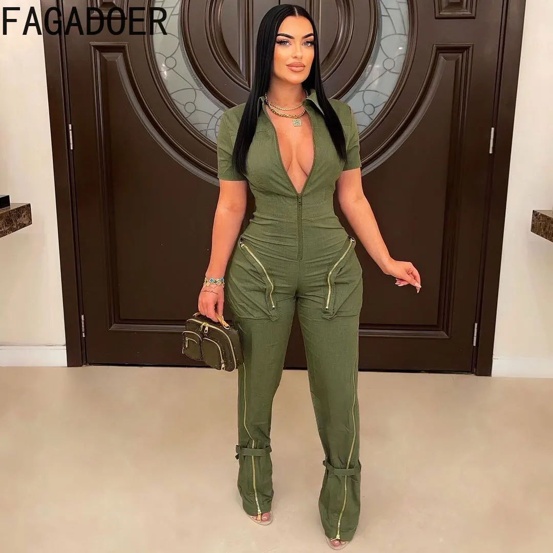 FAGADOER Sexy Solid Pocket Cargo Pants Jumpsuits Women Deep V Short Sleeve Bodycon Playsuits Fashion Sporty One Piece Overalls