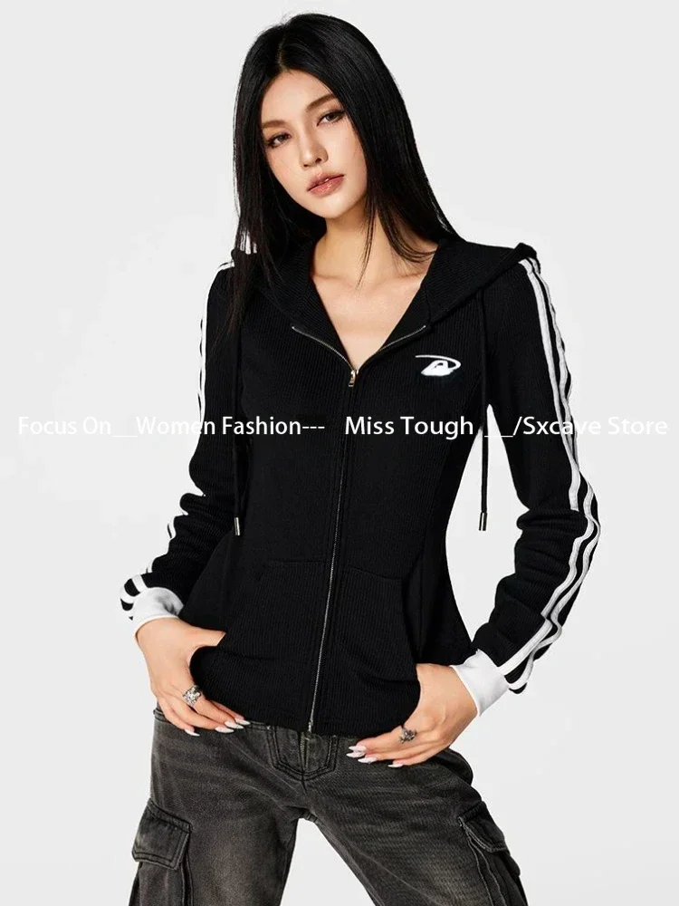 Striped Thin Hoodie Women Black Patchwork Tops Korean Fashion Autumn Coats Long Sleeve Zipper Jacket Female Design Chic Solid