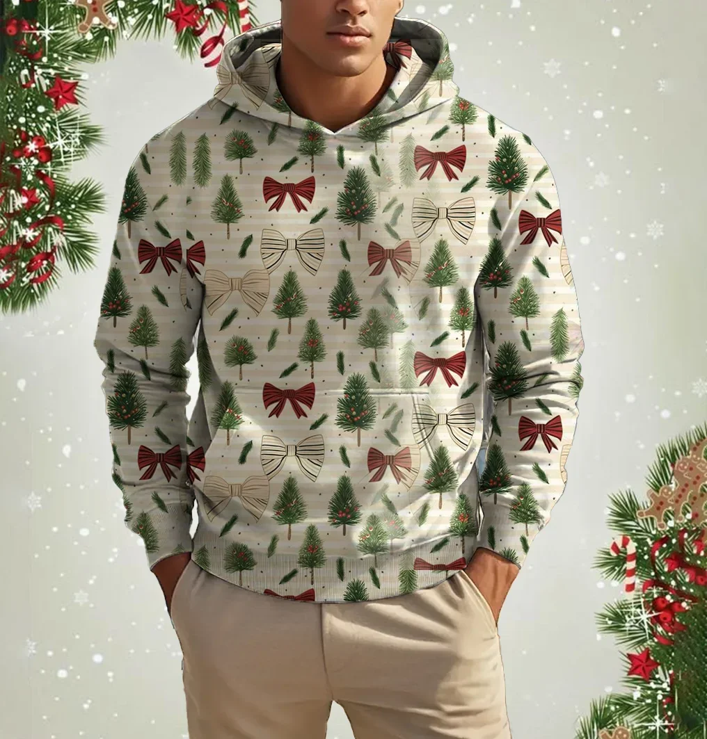 

Fashionable And Comfortable Autumn Winter New Men's 3D Printed Crew Neck Pullover Christmas Tree Bow Series Hoodie Casual Couple