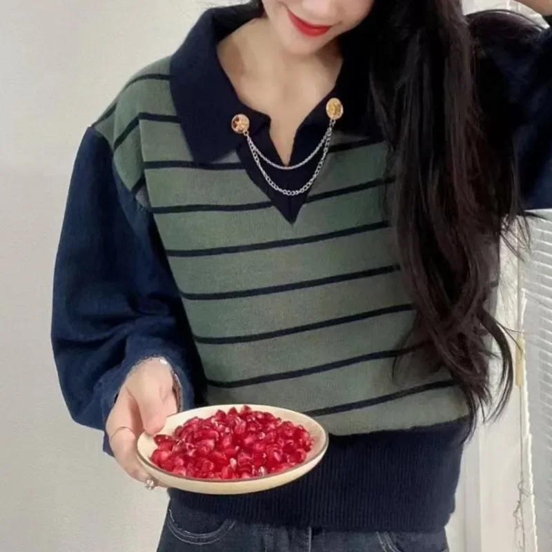 Women Preppy Style Denim Sleeve Patchworks Pullover Turn-collar Striped Sweater Knit Shirts Autumn Winter Loose Casual Jumpers
