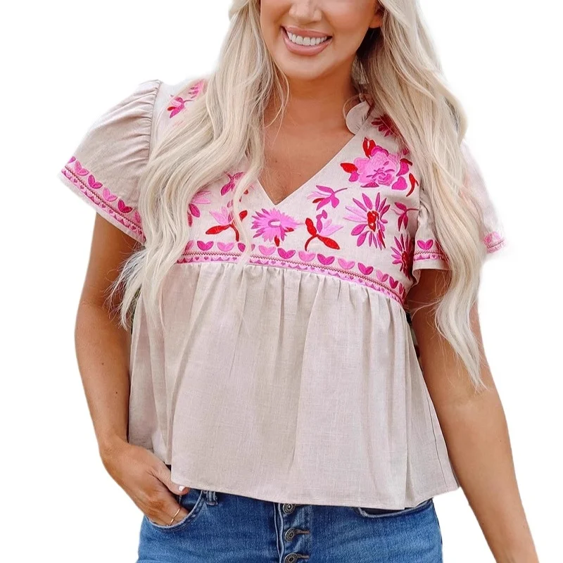 Losse ort Sve geborduurde irt V-Ne trui lente zomer nieuwe Sle n dames Faion vingertoplengte