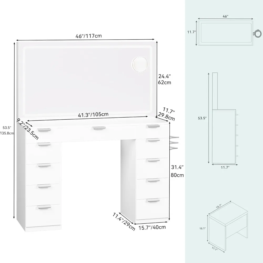 46'' Vanity Desk, LED Lighted Mirror, Power Outlet, 11 Drawers, Magnifying Glass, 3 Adjustable Lighting, Storage Bench, Vanity