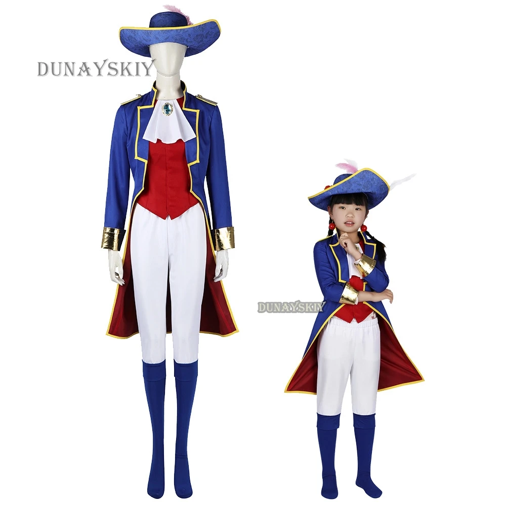 Fato de cosplay feminino de princesa pêssego, uniforme azul, casaco top, calça e chapéu, terno de carnaval e Halloween, espadachim e princesa