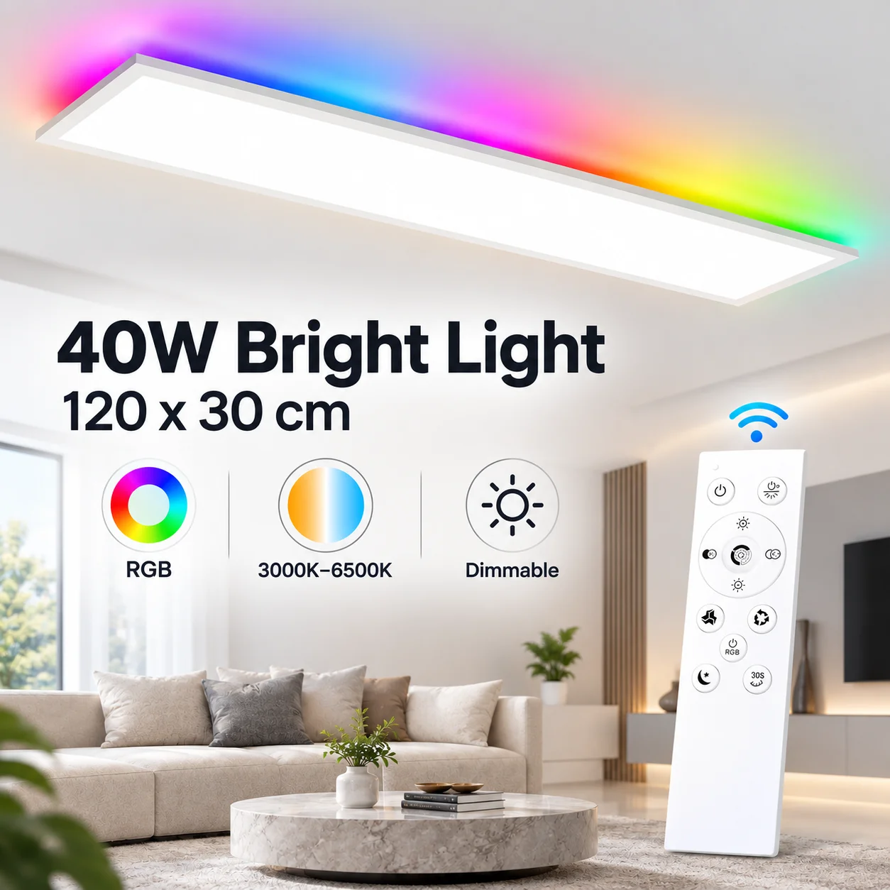 Pannello luminoso a LED da incasso per soffitto, 120x30 cm, 40 W, retroilluminazione RGB, intensità regolabile (3000K-6500K), telecomando, funzione di memoria e luce notturna, lampada da soffitto
