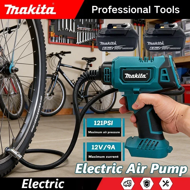 

Беспроводной электрический воздушный насос Makita, перезаряжаемый автоматический насос для накачки автомобильных шин, портативный инструмент для дома, работает от аккумулятора 18В.