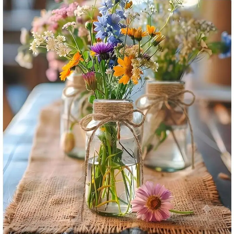 Clear Glass Vase With Natural Jute Rope Rustic Farmhouse Planter For Fresh Flowers, Dried Bouquets Boho Home Decor Ornaments