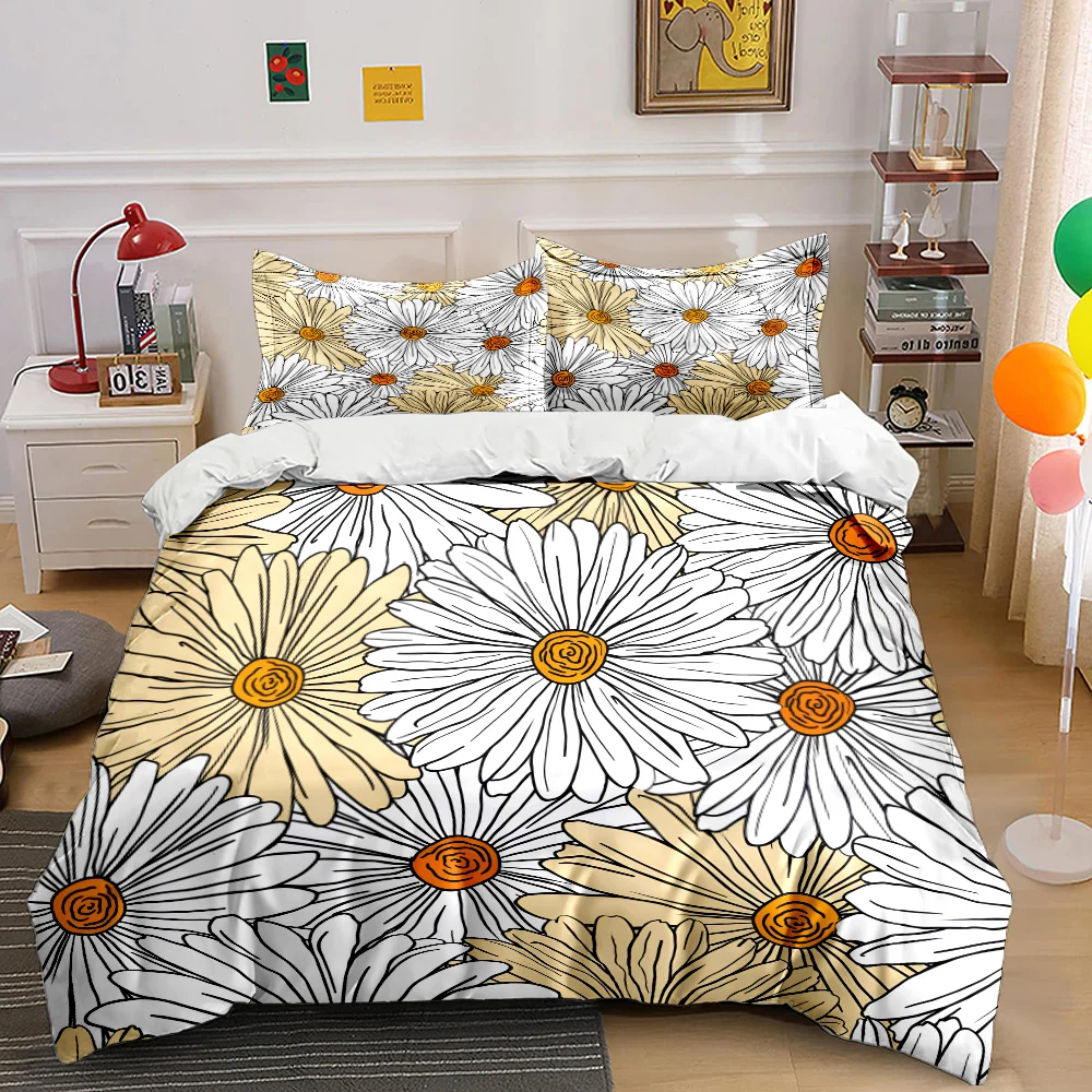 Hand-drawn daisy pattern illustration Print Soft Comfortable Duvet Cover Bedding Set Included 1*Duvet Cover  2*Pillowcases