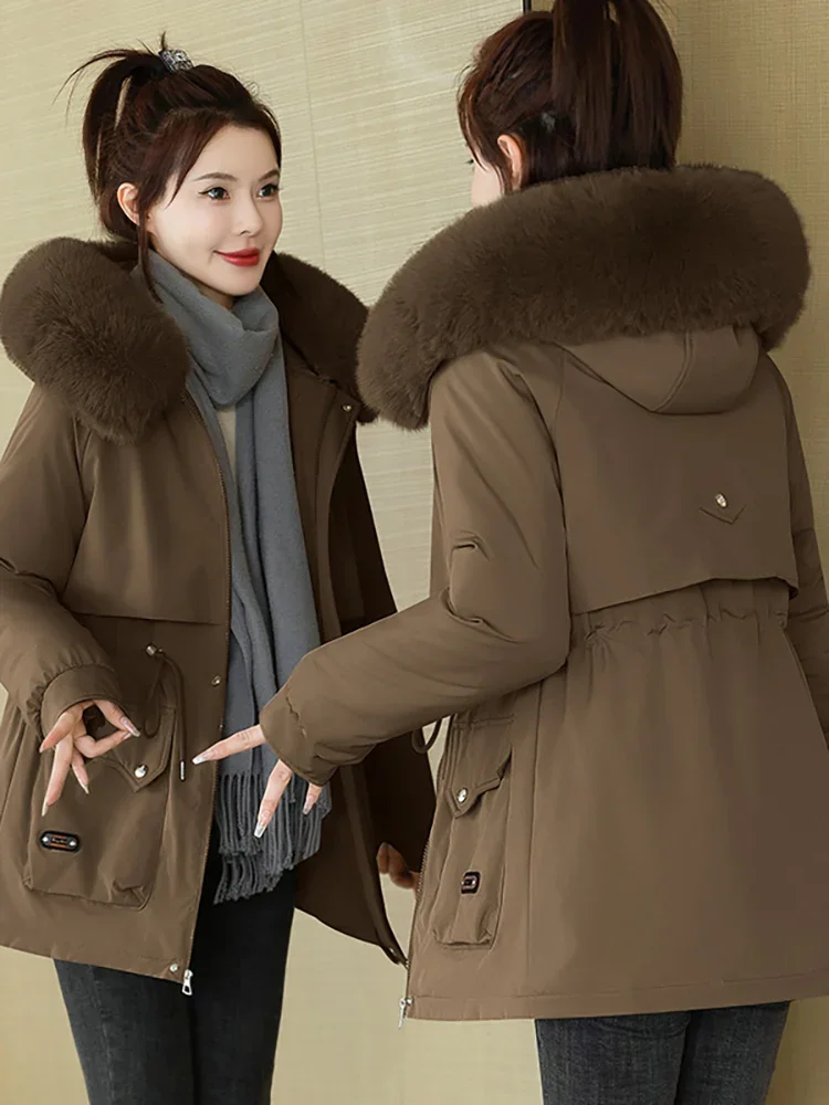 2024 New Vintage Winter Puffer Jacket Women\'s Coat Wool Liner Medium Long Fur Hooded Parkas Thick Female Outwear