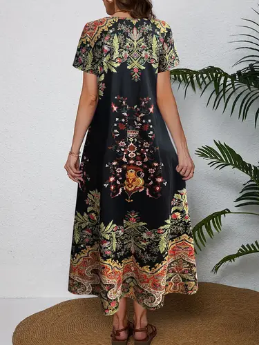 Imagen 2 del producto Vestido largo floral de verano para mujer, manga corta con cuello en V, ideal para vacaciones, vestido fluido de verano para mujer