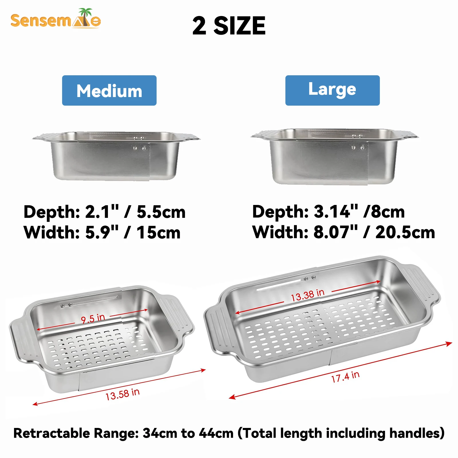 Adjustable Retractable 304 Stainless Steel Sink Colander Over Sink Drain Basket With Handle For Fruit Vegetable Washing Kitchen