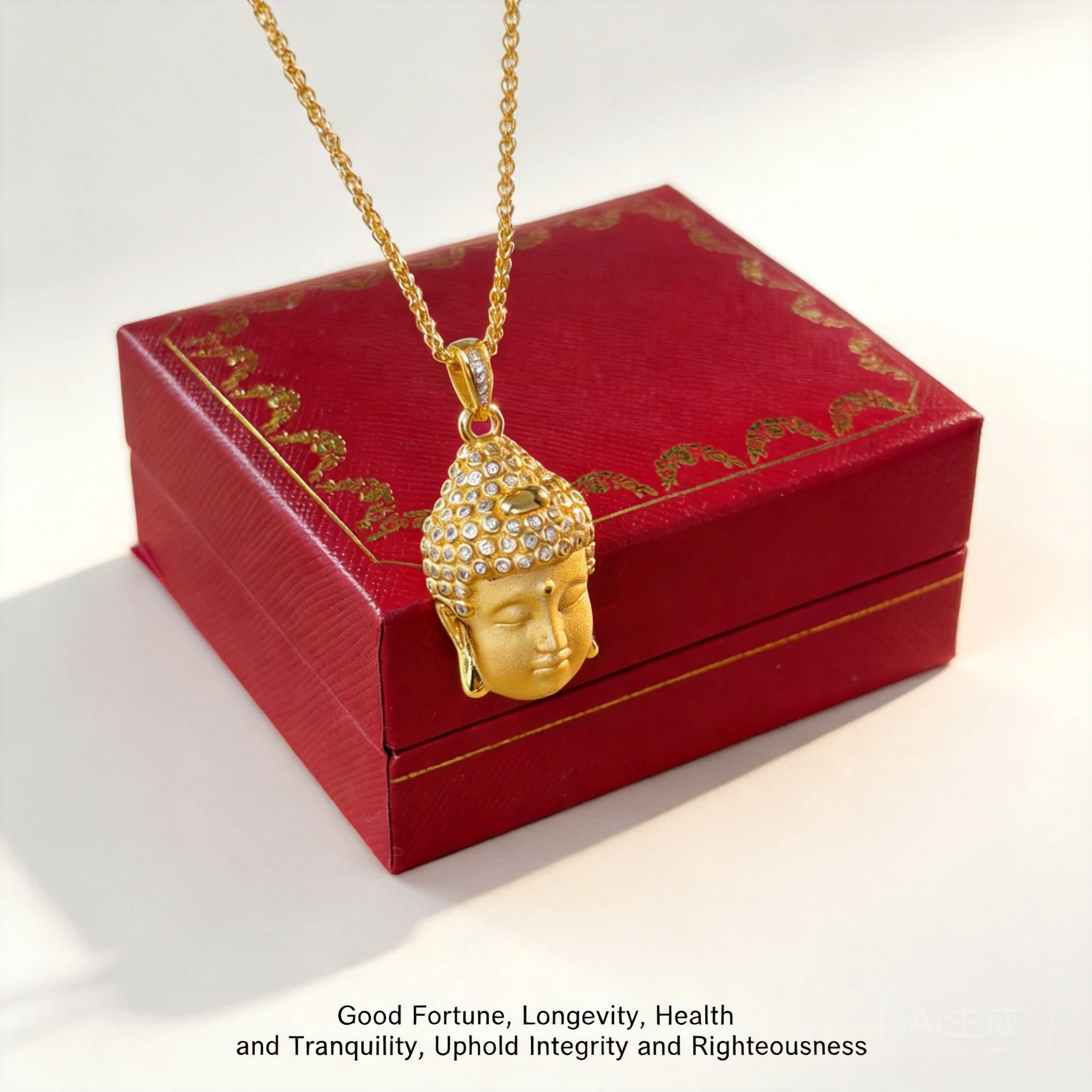

Chinese Style Lucky Blessing Gold Plated Iced Out Buddha Head Pendant Necklace Shiny Cz Inlaid Spiritual Peace Wealth Amulet Cho