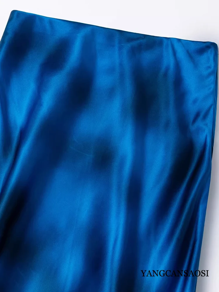 2026 Women's Fashion Clothing 100%Natural Mulberry Silk Plain Satin Deep Sea Lake Light Gradient Dyeing Slant Cut Fishtail Skirt