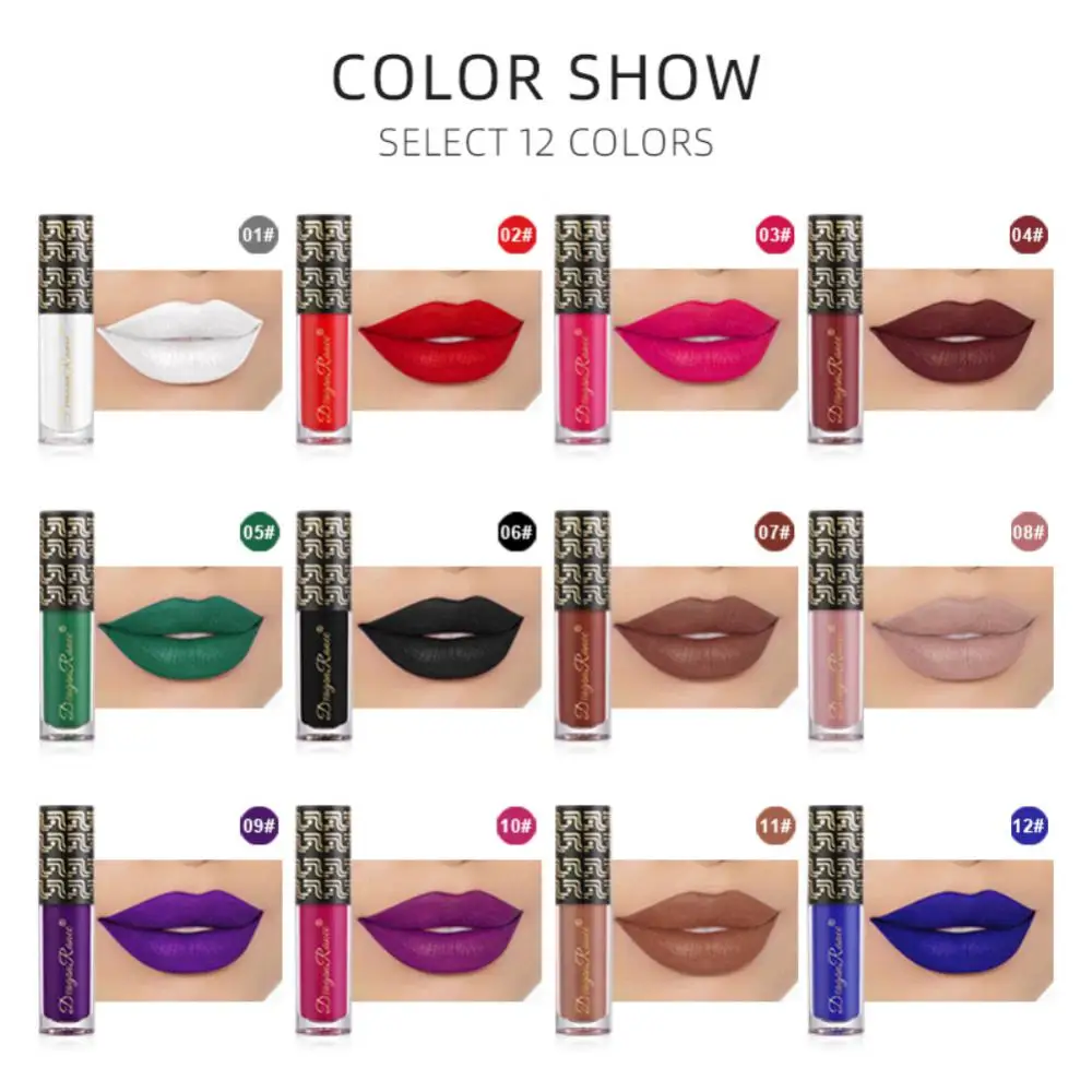 12 Farben flüssiger Lippenstift dauerhafte Antihaft-Lip gloss Kosmetik Lippen tönung Fleck schwarz blau lila Lippenstift Lippen Make-up wasserdicht