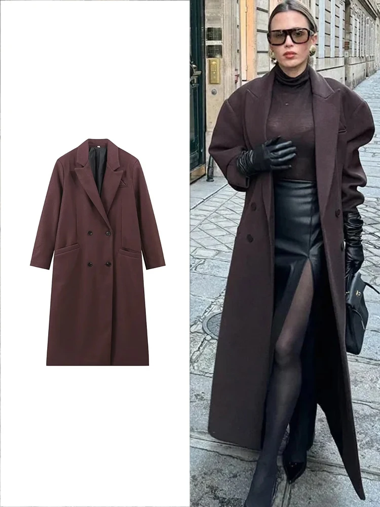 TRAF Women\'s Fashion Casual Double Breasted Lapel Wool Coat Chic Pocket Long Sleeve Trench Coat Vintage Streetwear Long Coat