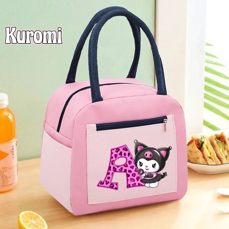 

Kuromi Lunch Bags Sanrio Kawaii Anime Figures Lunch Box Gir Creative 26 Letter Pattern High-capacity Food Thermal Bag Picnic Bag