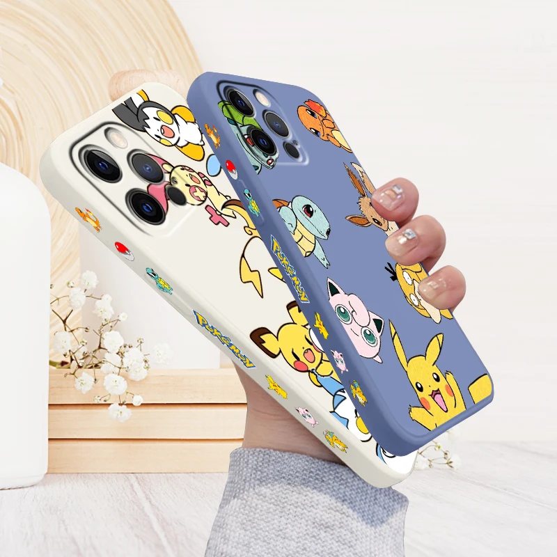 

P-Poke M-mon Cute Cartoon Liquid Left Rope For Apple iPhone 15 14 13 12 11 XS XR X 8 7 SE Pro Max Plus Mini TPU Phone Case