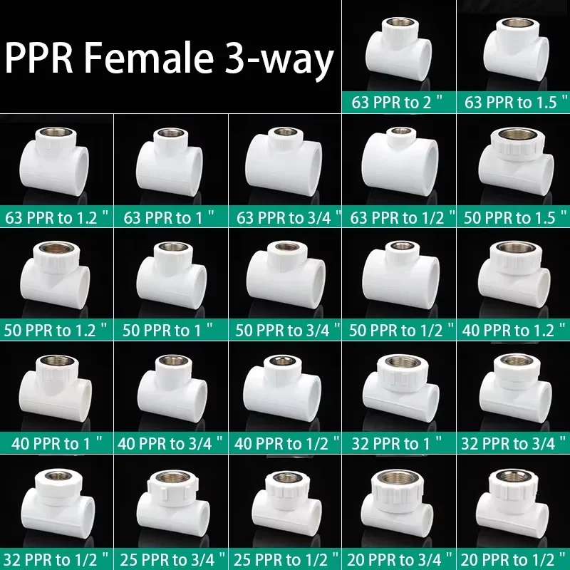 

20/25/32/40/mm PPR Female T-3way Connector to 1/2＂3/4＂1＂1.2＂1.5＂2＂Copper Female Thread Reducing Joint Pipe Fitting Adapter