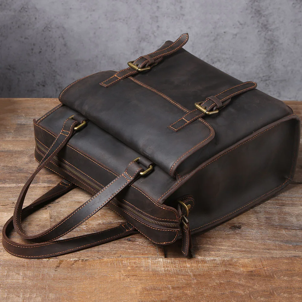 S.WORKER Vintage Echtleder Laptop-Rucksack Herren Casual Schultasche Crazy Horse Rindsleder Tasche Aktentasche Umhängetasche – Detail 9