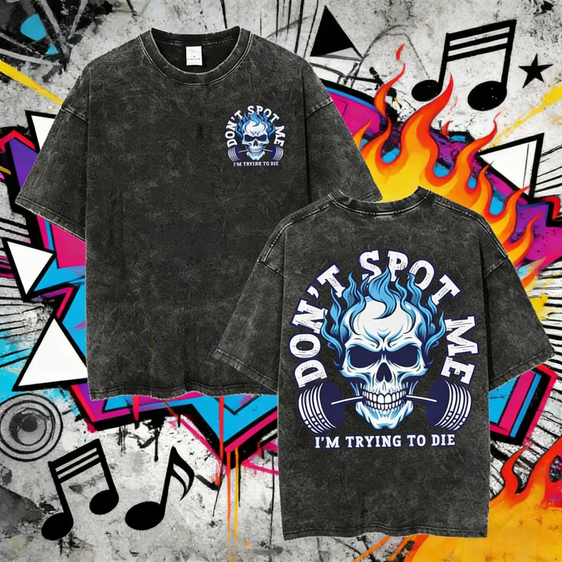 

2025 Summer Weak Things Break So Lift Heavy Funny Skull Gym Men Oversized Vintage Washed T-shirt Unisex 100% Cotton T Shirts