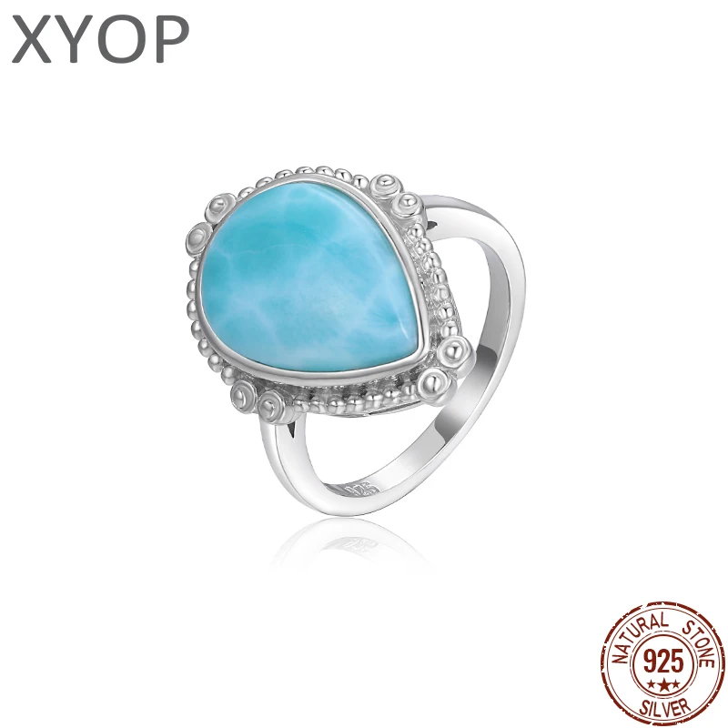 New Arrival Classic 925 Sterling Silver Natural Gemstones Ring for Women Geometry Design Simple Female Larimar Jewelry Dating