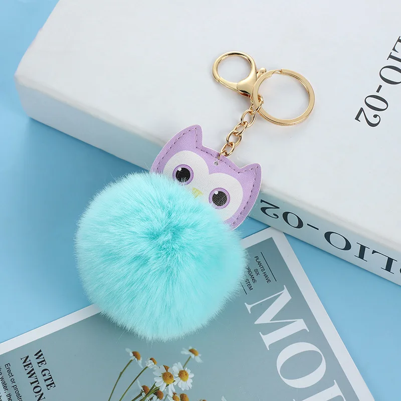 Fluffy Rabbit Fur Ball French Bulldog Keychain Pompom Key Chain Pu Leather Animal Dog Keyring Holder Bag Charm Trinket Chaveiros