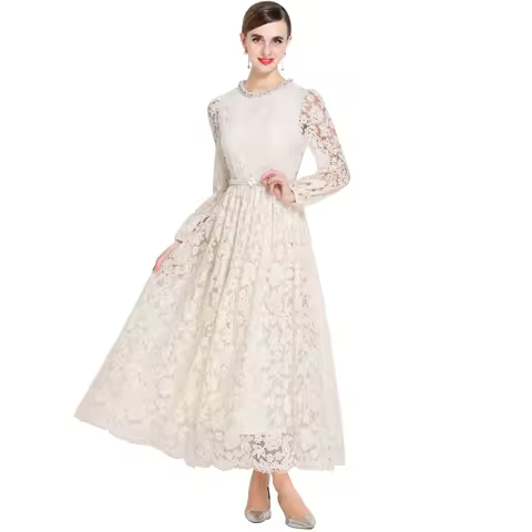 Quality Autumn Pink Beading Diamonds Flower Embroidery Lace Long Sleeve Midi Evening Dress Party Women Belt