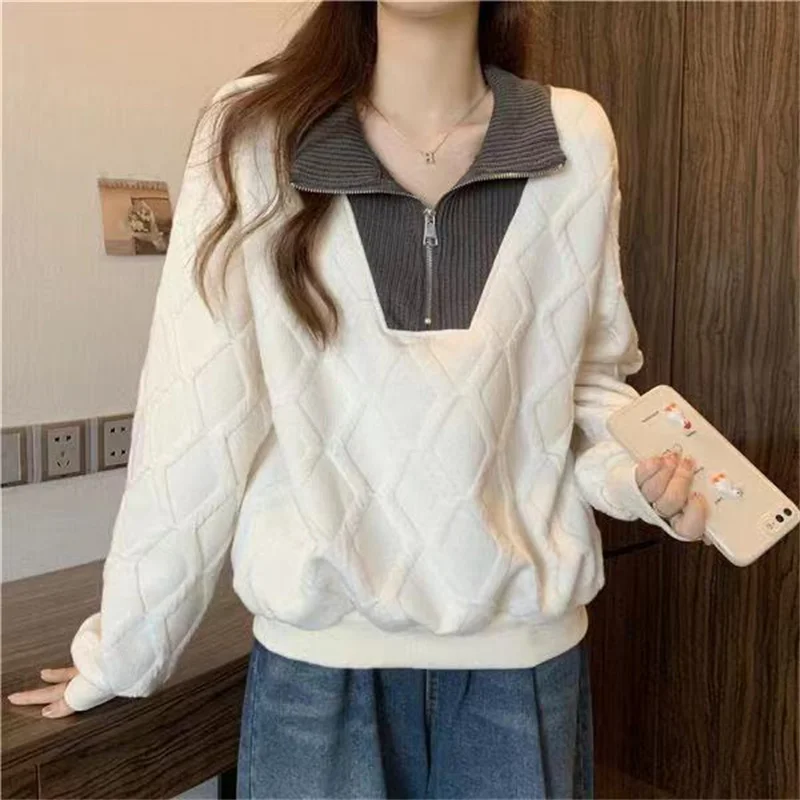 

Fashion Zip Up Argyle Pullover Sweatshirt Women Chic Zipper Stand Neck Loose Pull Top Jacket Spring Autumn Sweatshirt Patchwork