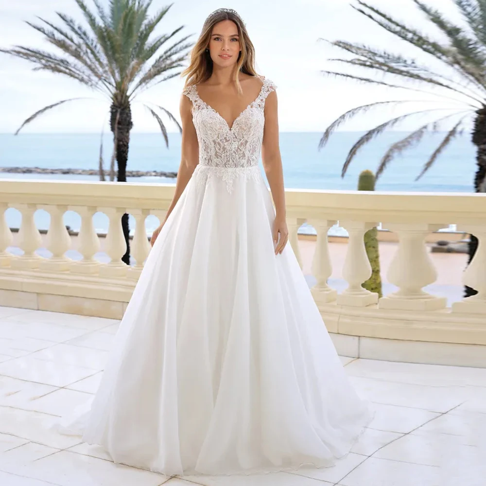 

Organza A-line Cap Sleeves Elegant Women Wedding Dresses 2024 Button Back Sweep Train Appliques V-neck Bridal Gowns Custom Made