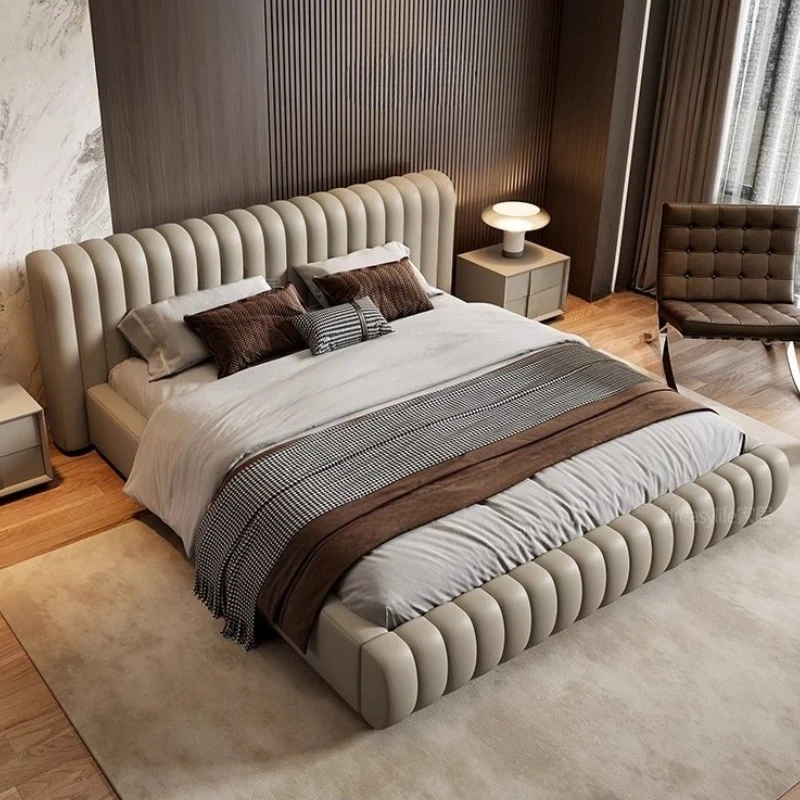 

Genuine Leather Master Bedroom Modern Double Bed Frame With Storage Beds Bedroom Furniture Puff Cream Style Luxurious1.5m 1.8m