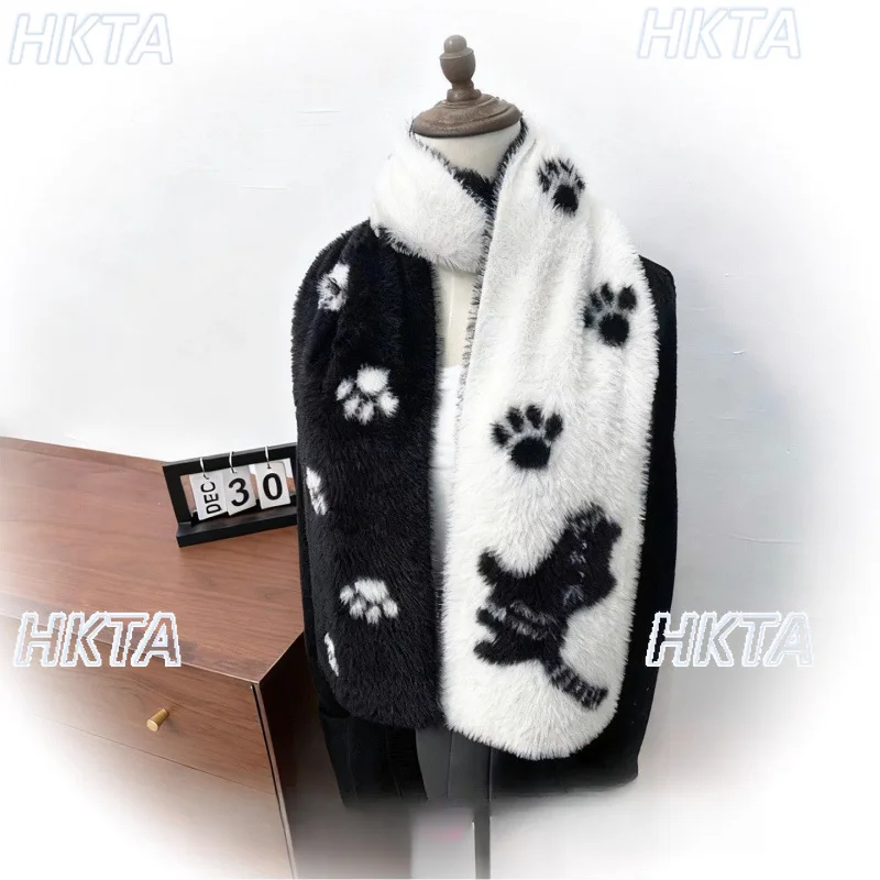 Syal Bulu Imitasi Dua Sisi Motif Gitar Musik Kucing Kartun Lucu Hitam Putih Gaya Gotik Y2K untuk Wanita, Syal Leher Hangat Serbaguna Musim Dingin Terbaru