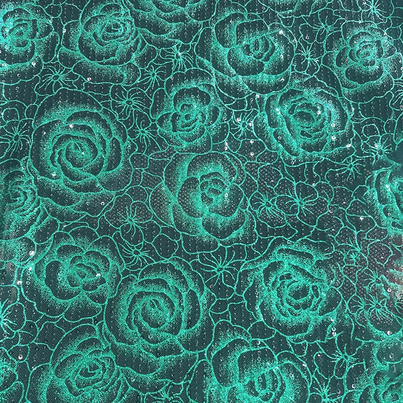 1yard Rose Floral Printed Sequin Embroidery Jacquard Fabric Shiny Glitter Cloth for Dress Making Home Decoration DIY Craft